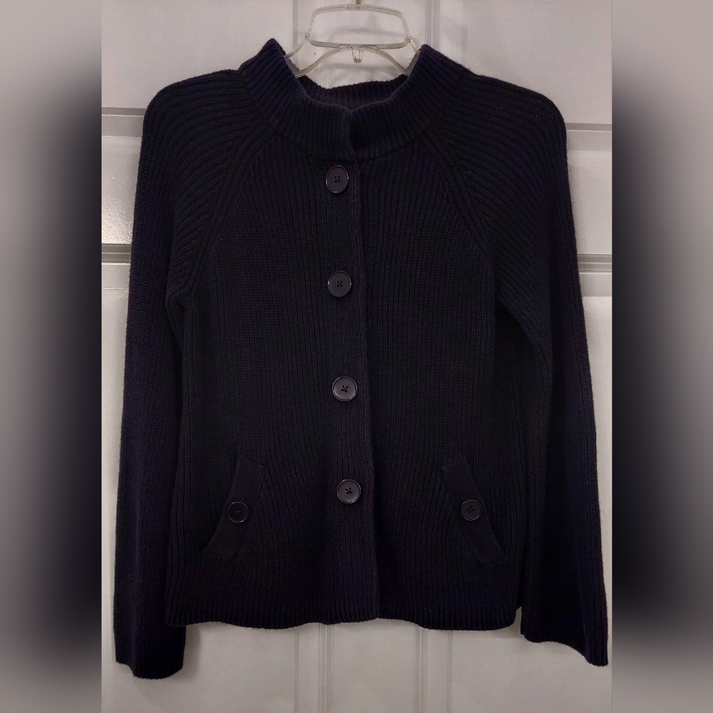 TALBOTS | SP Black Ribbed Heavyweight, Cotton-Blend, Cardigan Sweater